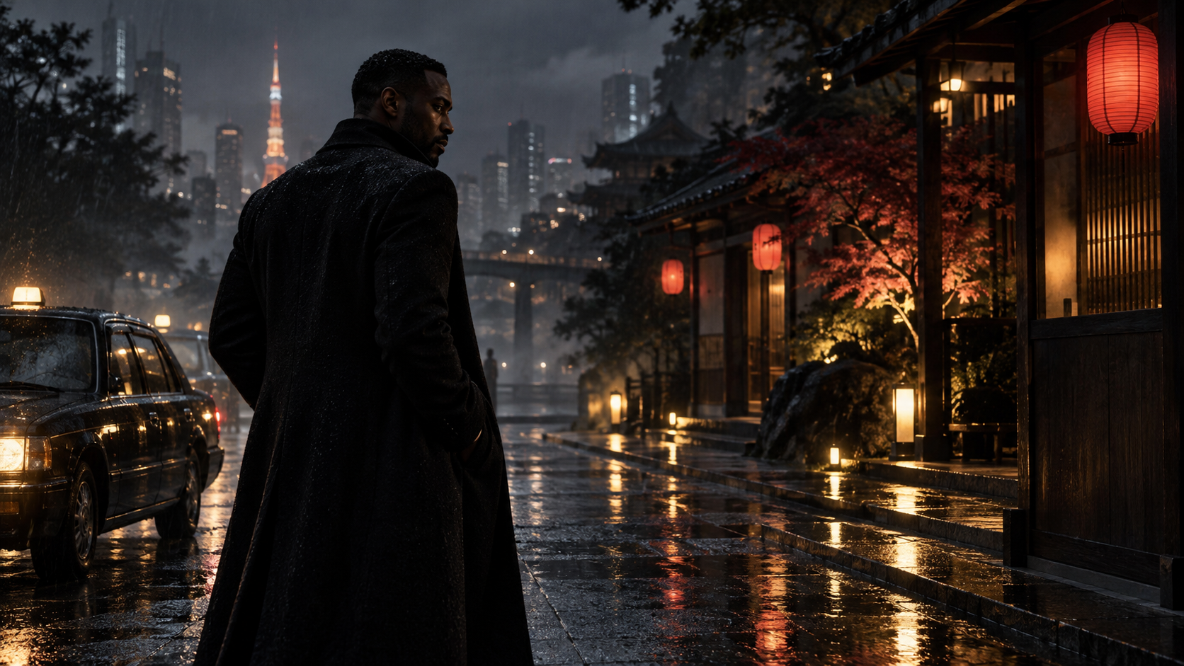 A lone traveler arriving in rain-lit Tokyo at night