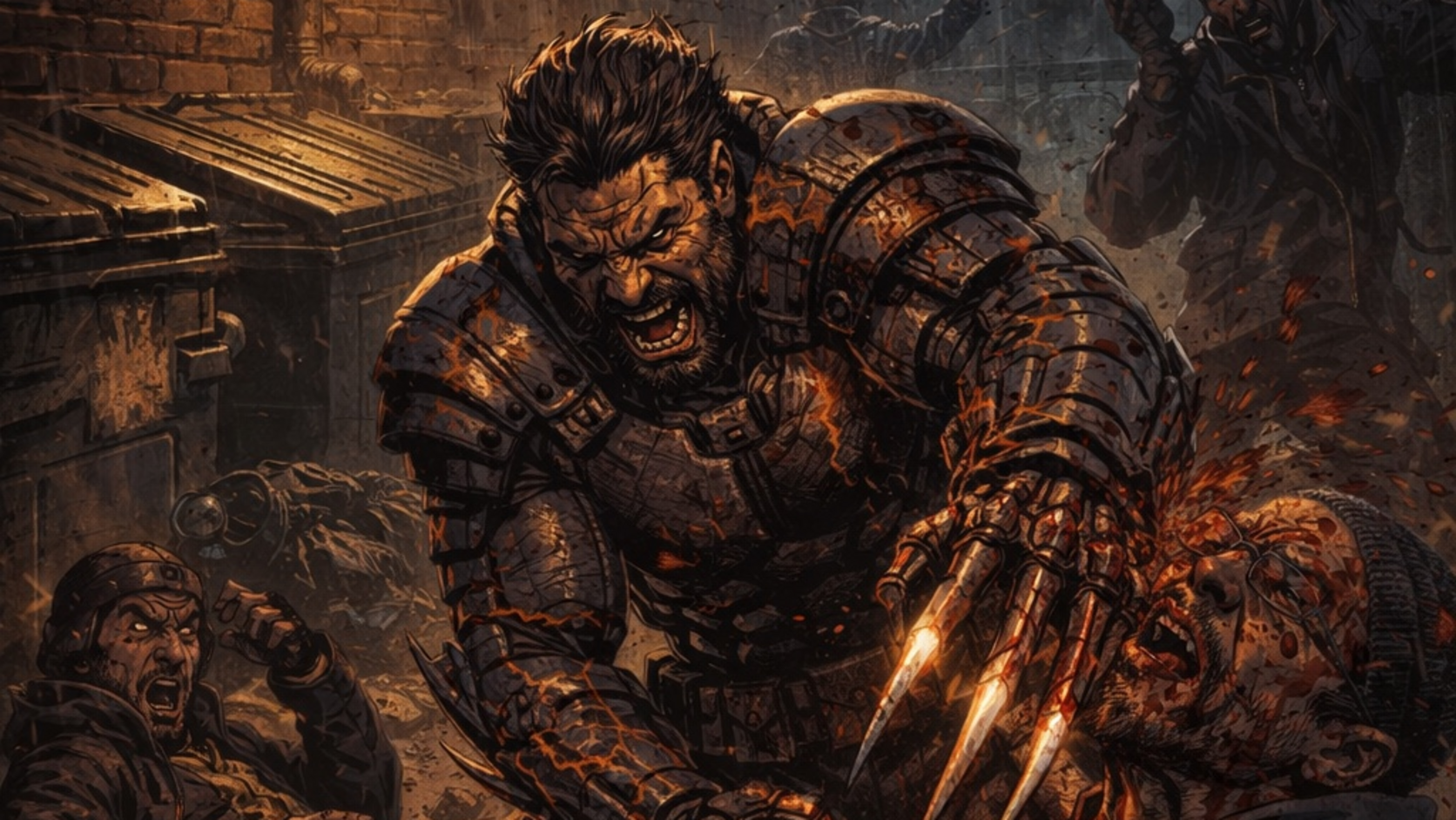 Ironfang fighting through a rain-soaked alley in battle-worn armor