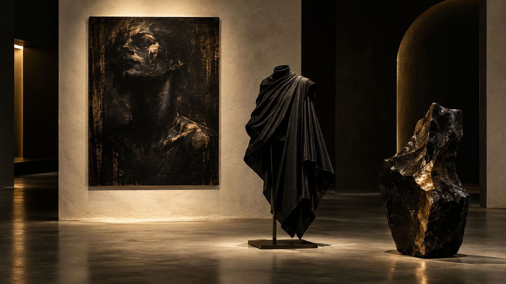 A sculptural black garment and expressive artwork in a restrained gallery setting